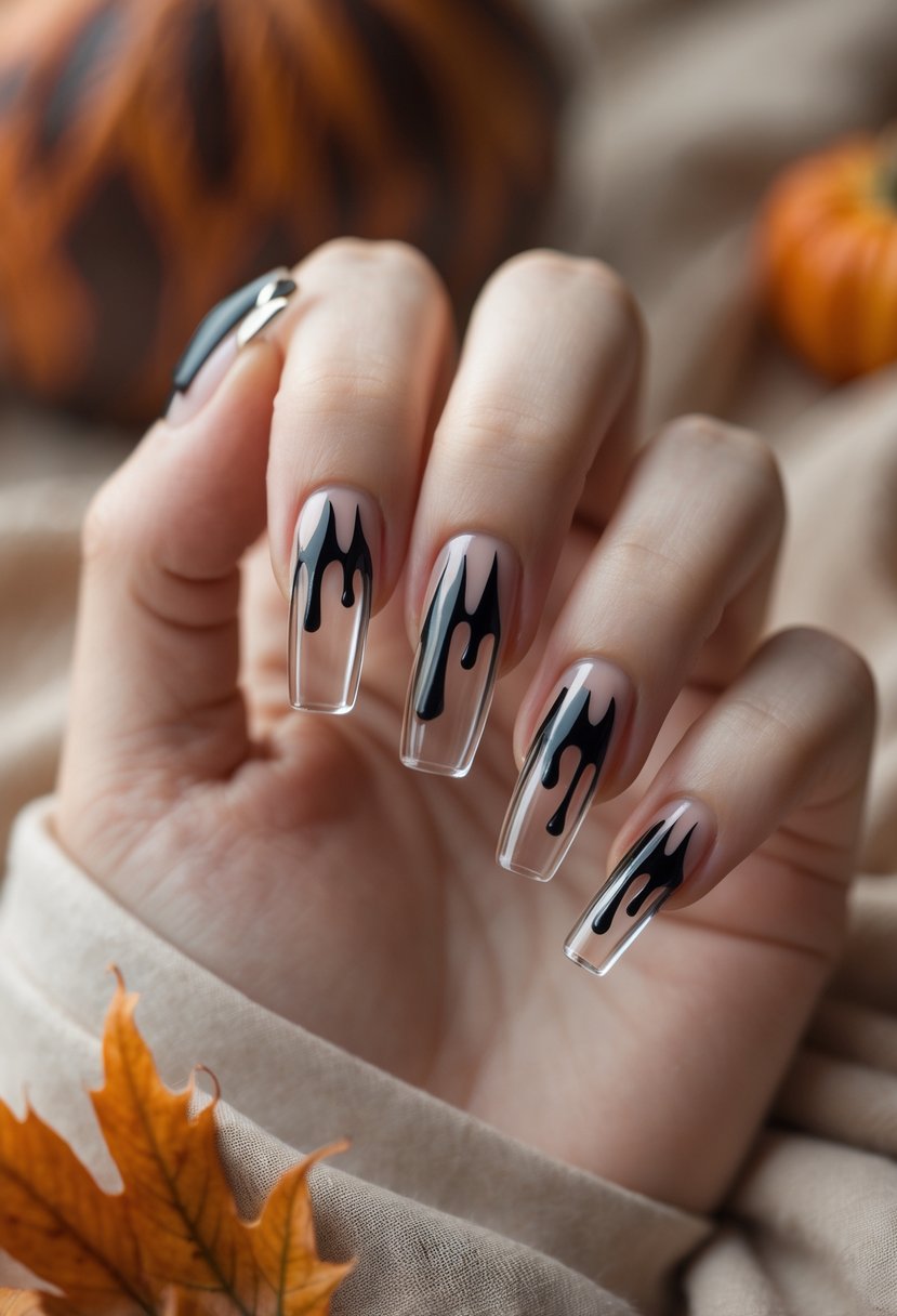 Close-up of a hand with transparent nails featuring glossy black drip designs against a soft, warm autumn-colored background.