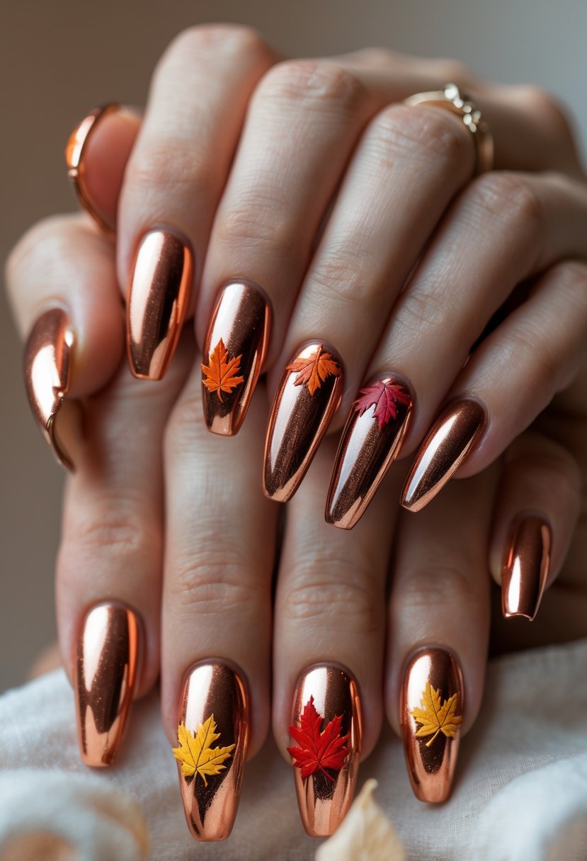 Close-up of a hand with copper metallic drip nails decorated with autumn leaf accents.