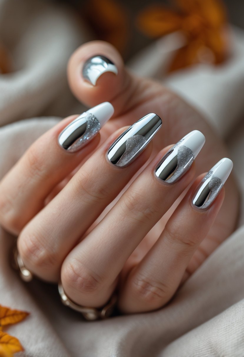 Close-up of a hand with silver chrome drip nails and French tips resting against a warm, blurred background.