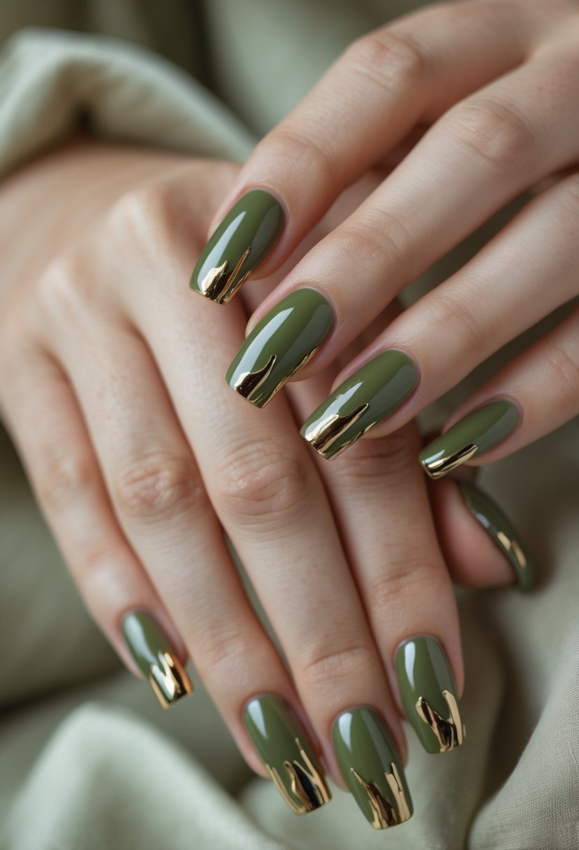 Close-up of hands with olive green metallic drip nail art on well-groomed nails against a neutral background.