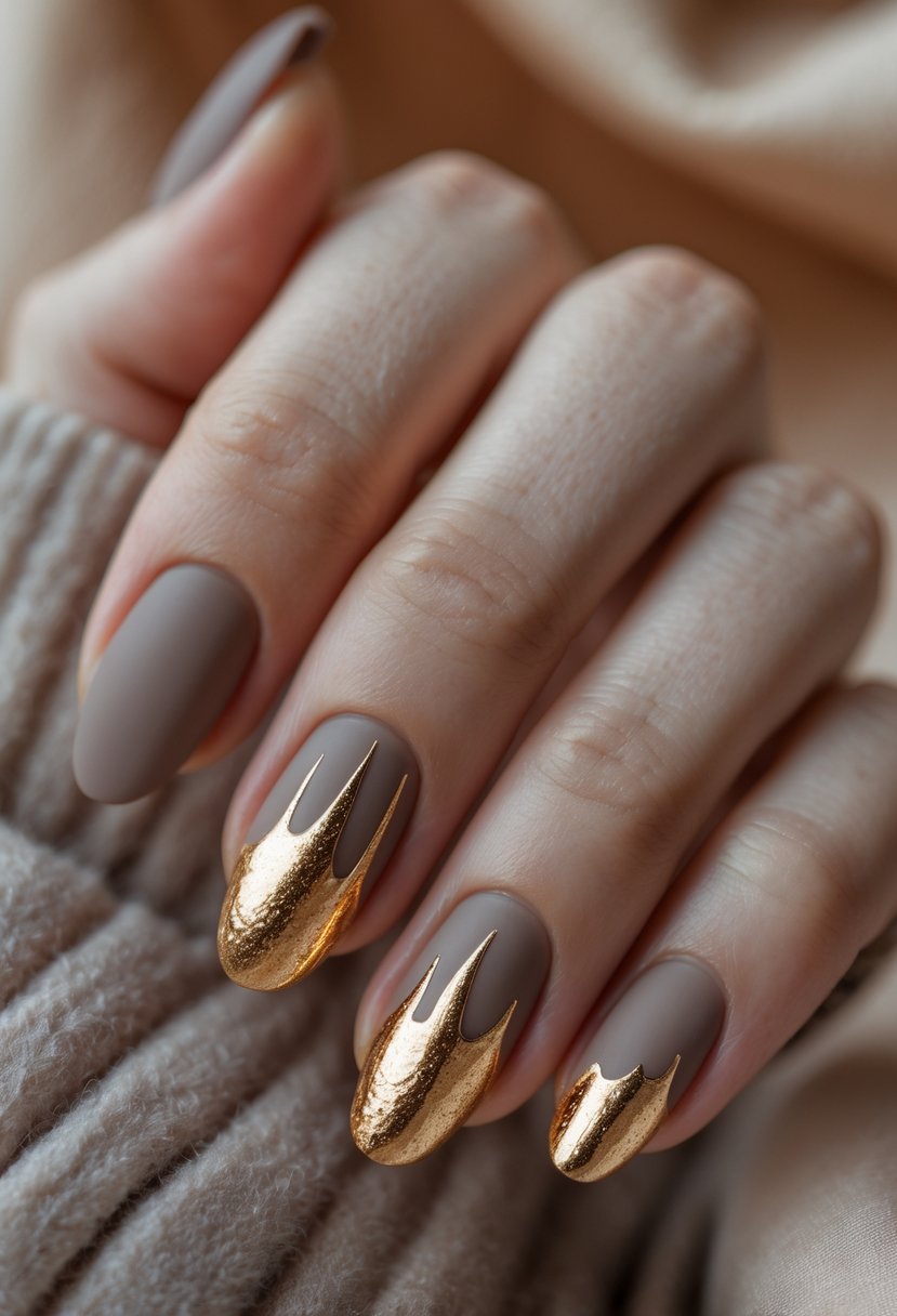 A close-up of a hand with taupe matte nails featuring gold foil drip designs.