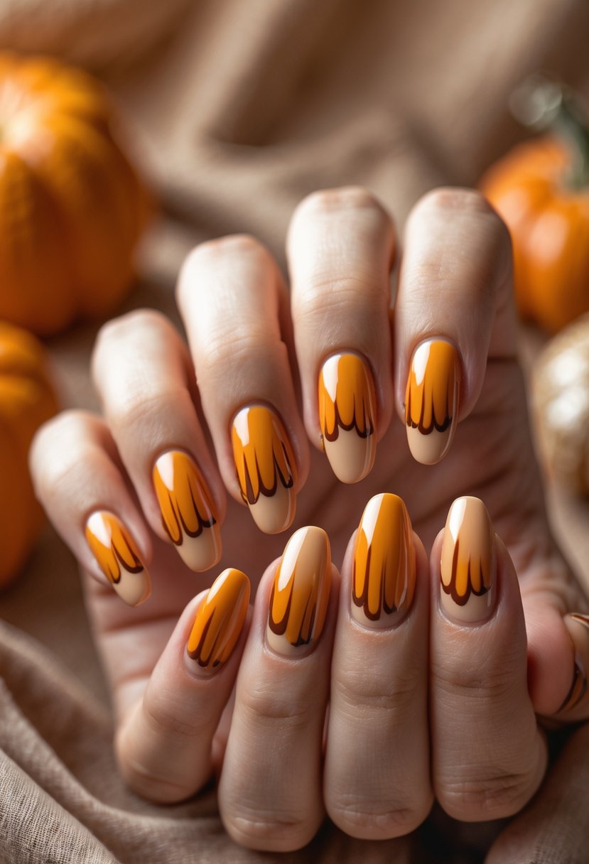 Close-up of a hand with beige nails featuring glossy pumpkin spice drip designs.