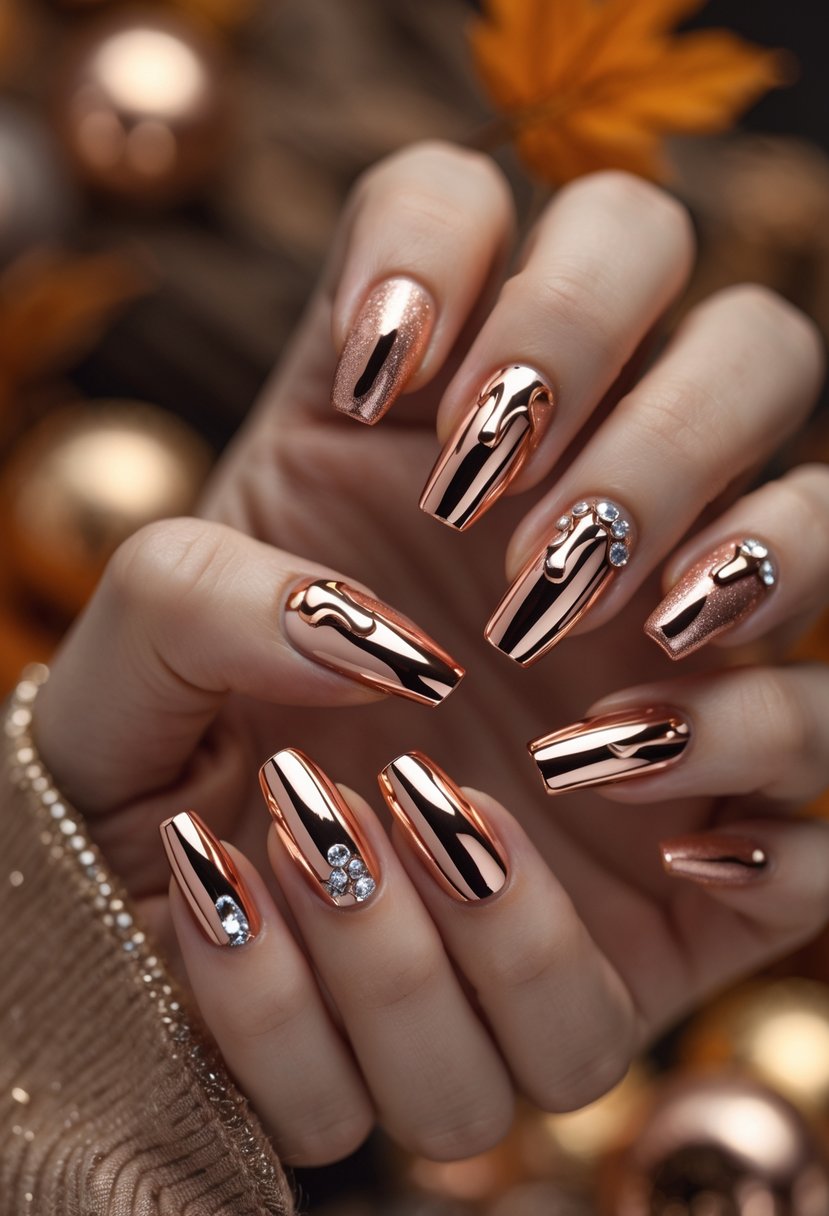 Close-up of a hand with 16 rose gold chrome nails featuring drip designs and rhinestones, set against a warm autumn background.