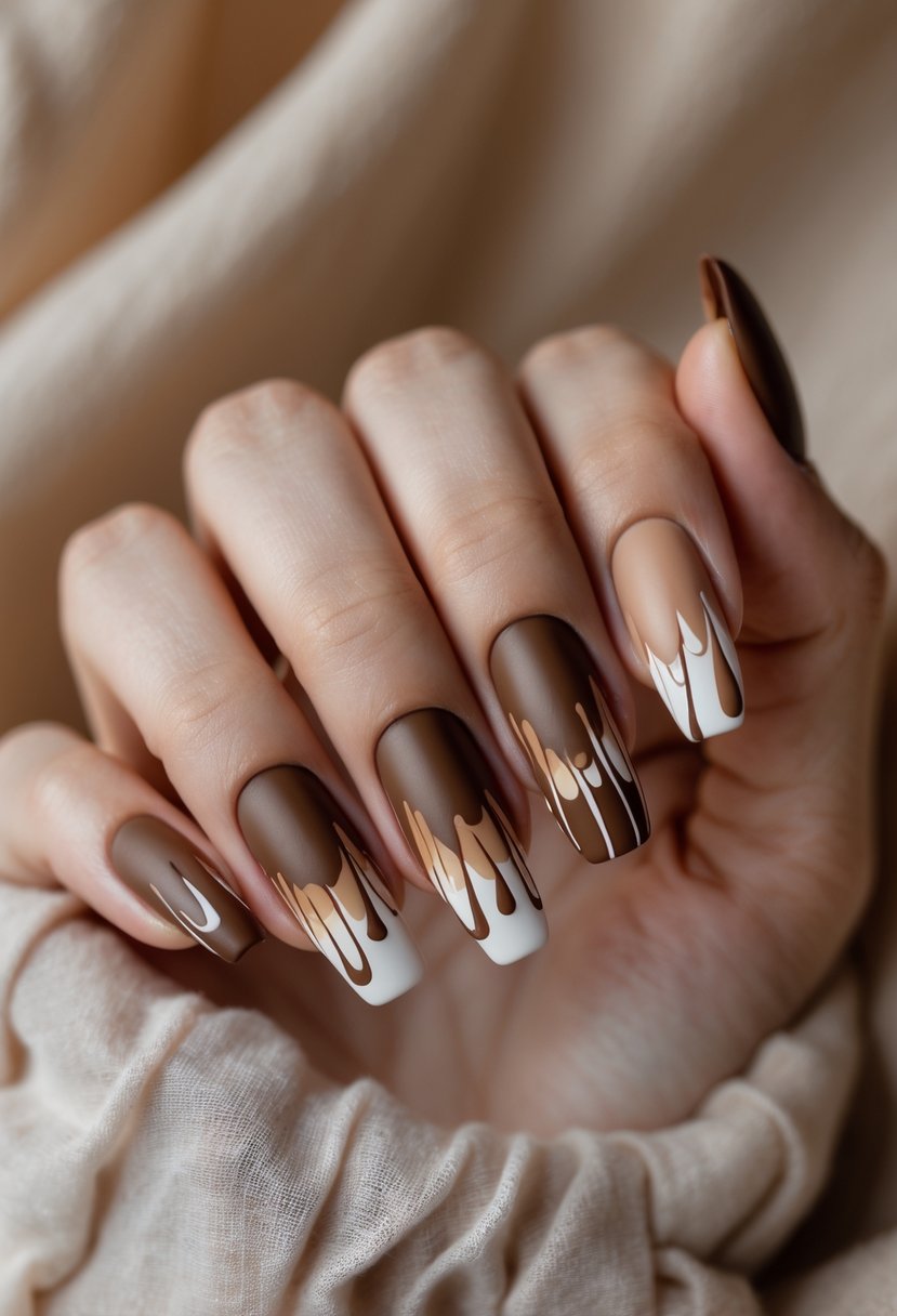 A close-up of a hand with 16 mocha-colored drip design nails with a matte finish.
