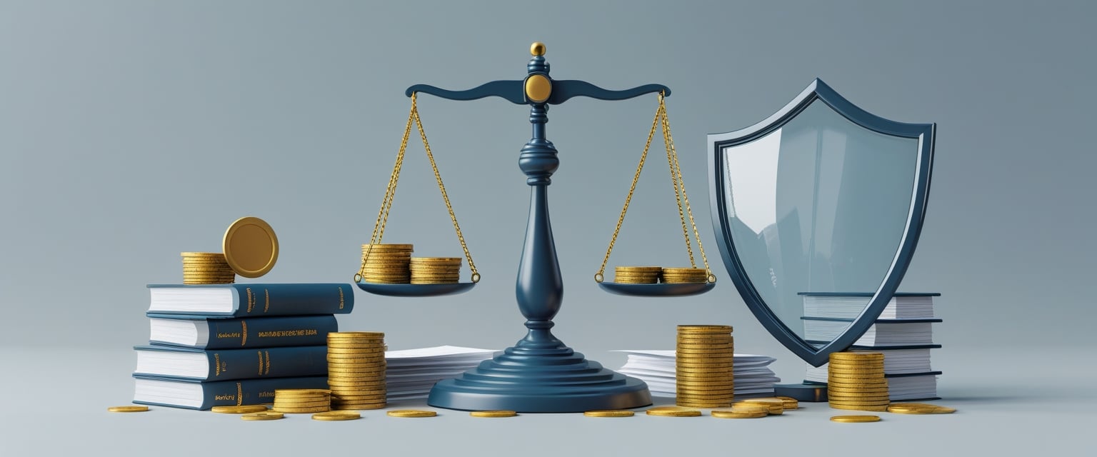 Uma balança de justiça equilibrada com moedas e documentos de um lado e um escudo transparente protegendo o outro lado, simbolizando imunidade tributária, com elementos de prédios governamentais e livros jurídicos ao redor.