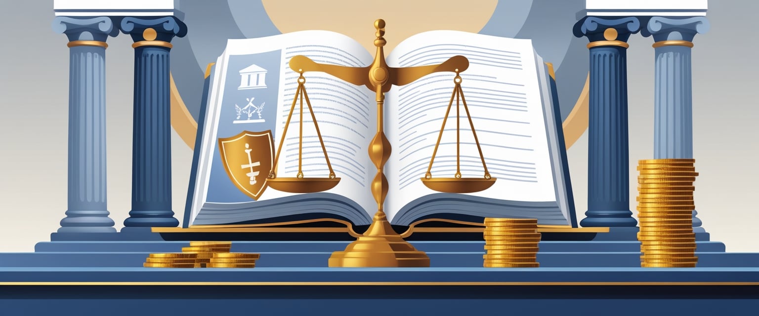 Uma balança de justiça equilibrada com um escudo de um lado e moedas do outro, diante de um livro aberto e elementos arquitetônicos de um edifício governamental ao fundo.
