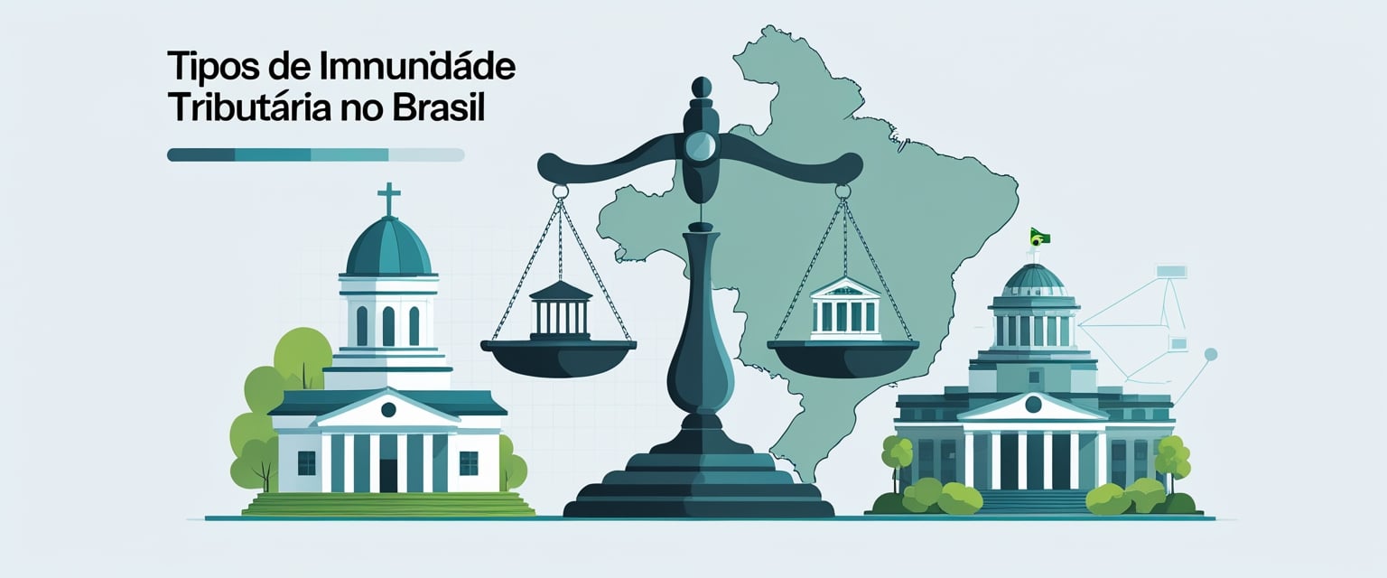 Balança de justiça equilibrada com ícones de igreja, escola, hospital e prédio governamental, sobre um fundo com o contorno do mapa do Brasil.