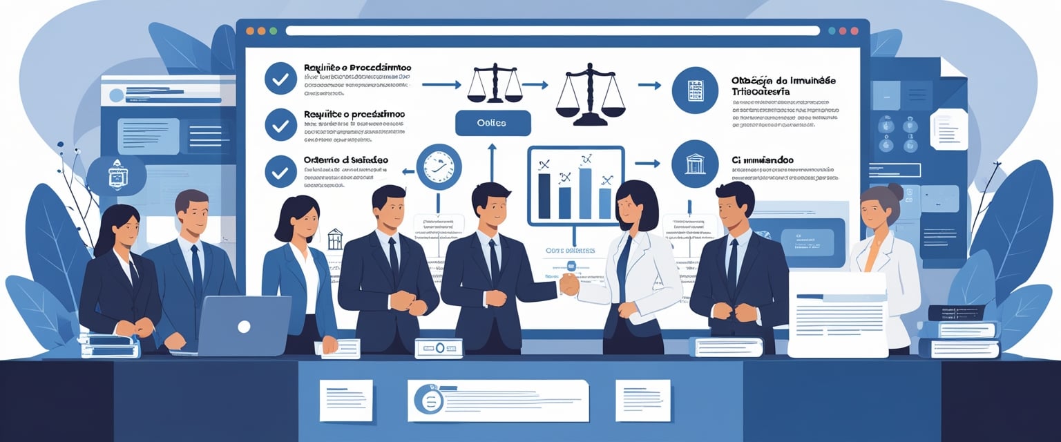 Profissionais reunidos em escritório discutindo documentos e gráficos sobre procedimentos para obter imunidade tributária, com um quadro ao fundo mostrando um fluxograma de etapas.