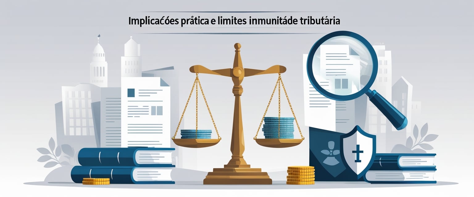 Uma balança equilibrada com documentos e moedas de um lado e um escudo do outro, com prédios governamentais e livros jurídicos ao fundo, representando justiça e imunidade tributária.