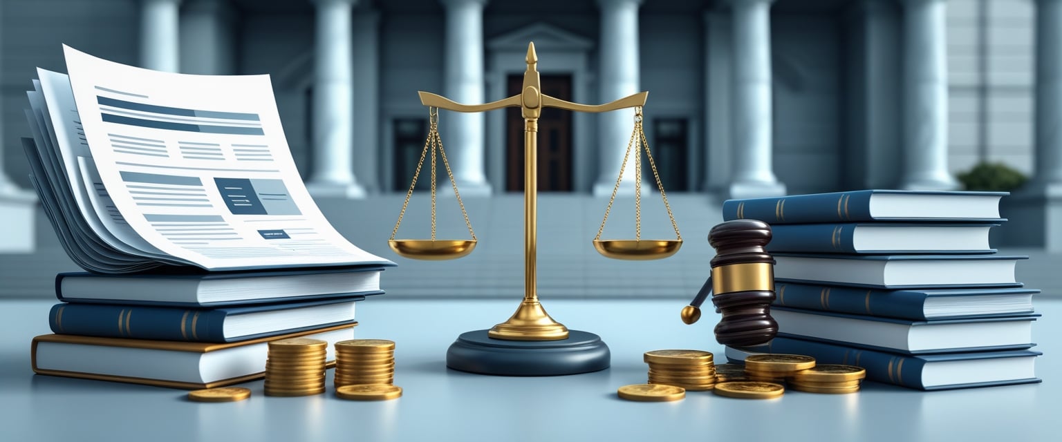 Balança da justiça equilibrada com documentos legais de um lado e símbolos de impostos do outro, com um prédio de tribunal ao fundo.