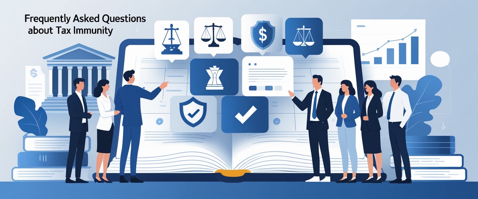 Pessoas reunidas ao redor de um livro aberto com ícones relacionados a leis e finanças, simbolizando perguntas frequentes sobre imunidade tributária.