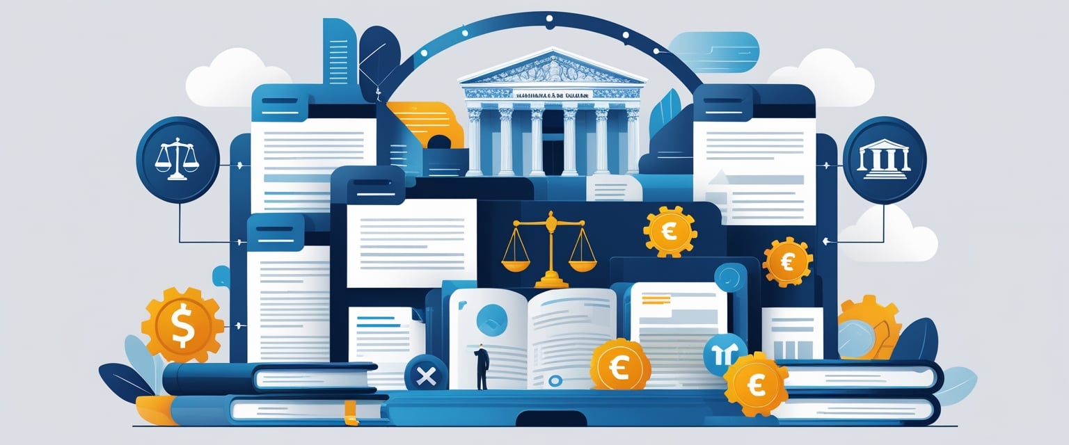 Ilustração mostrando um fluxograma organizado com documentos, livros jurídicos, prédios governamentais e ícones de justiça e moeda, representando a estrutura e funcionamento do código de tributação nacional.