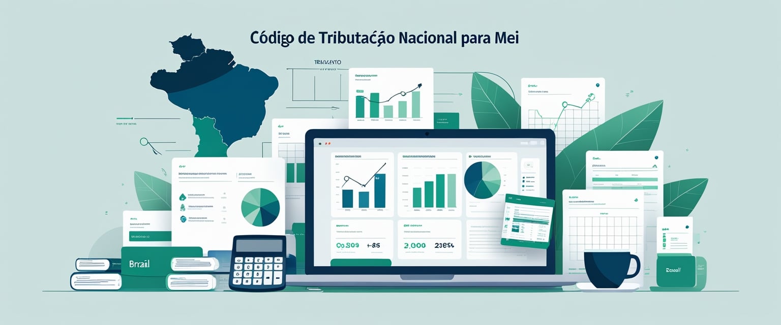 Mesa de escritório com documentos financeiros, laptop mostrando gráficos, mapa do Brasil ao fundo e itens relacionados à contabilidade para microempreendedores.