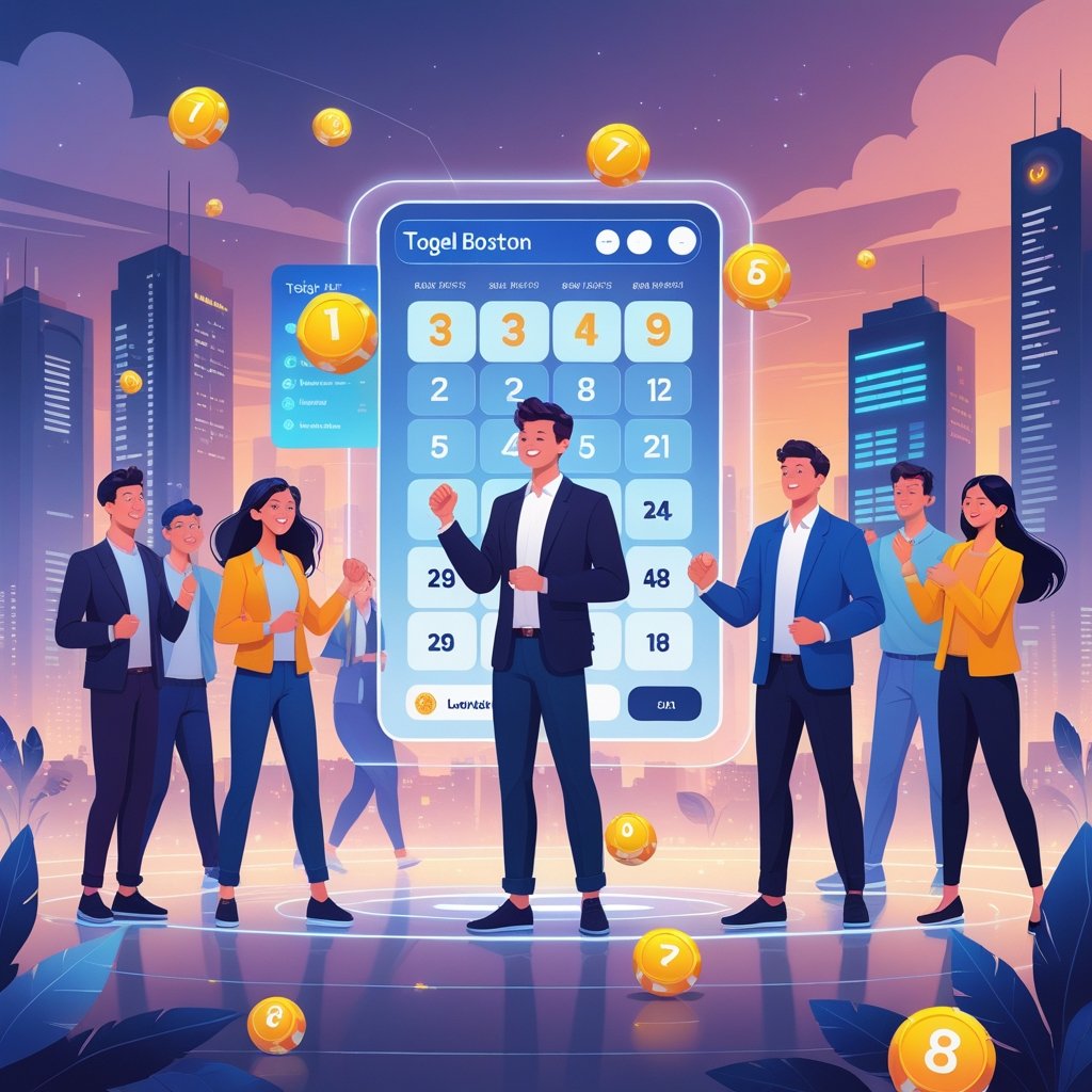 Orang-orang beragam usia sedang berinteraksi dengan layar digital yang menampilkan angka dan grafik lotere di latar kota modern saat senja.