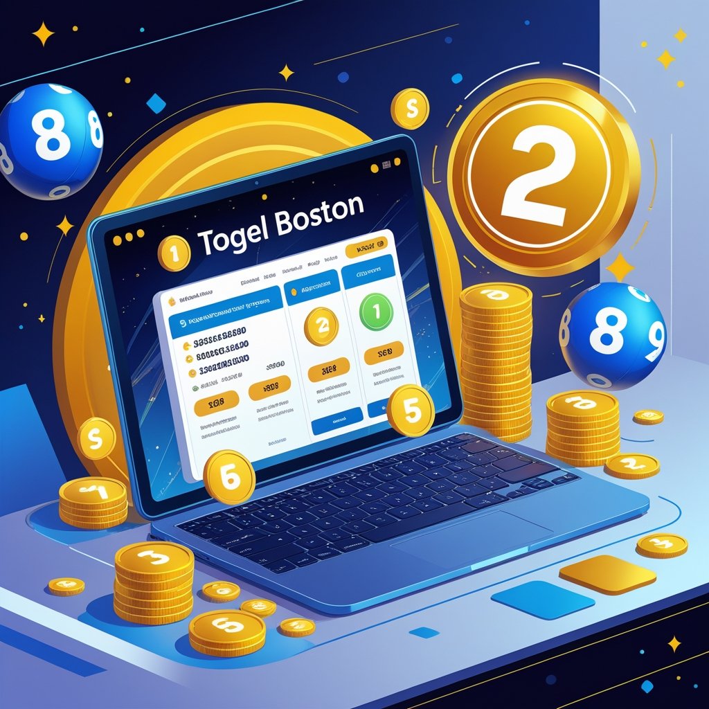 Ilustrasi seseorang sedang bermain togel Boston secara online dengan layar komputer menampilkan angka jackpot dan bola togel di sekitarnya.