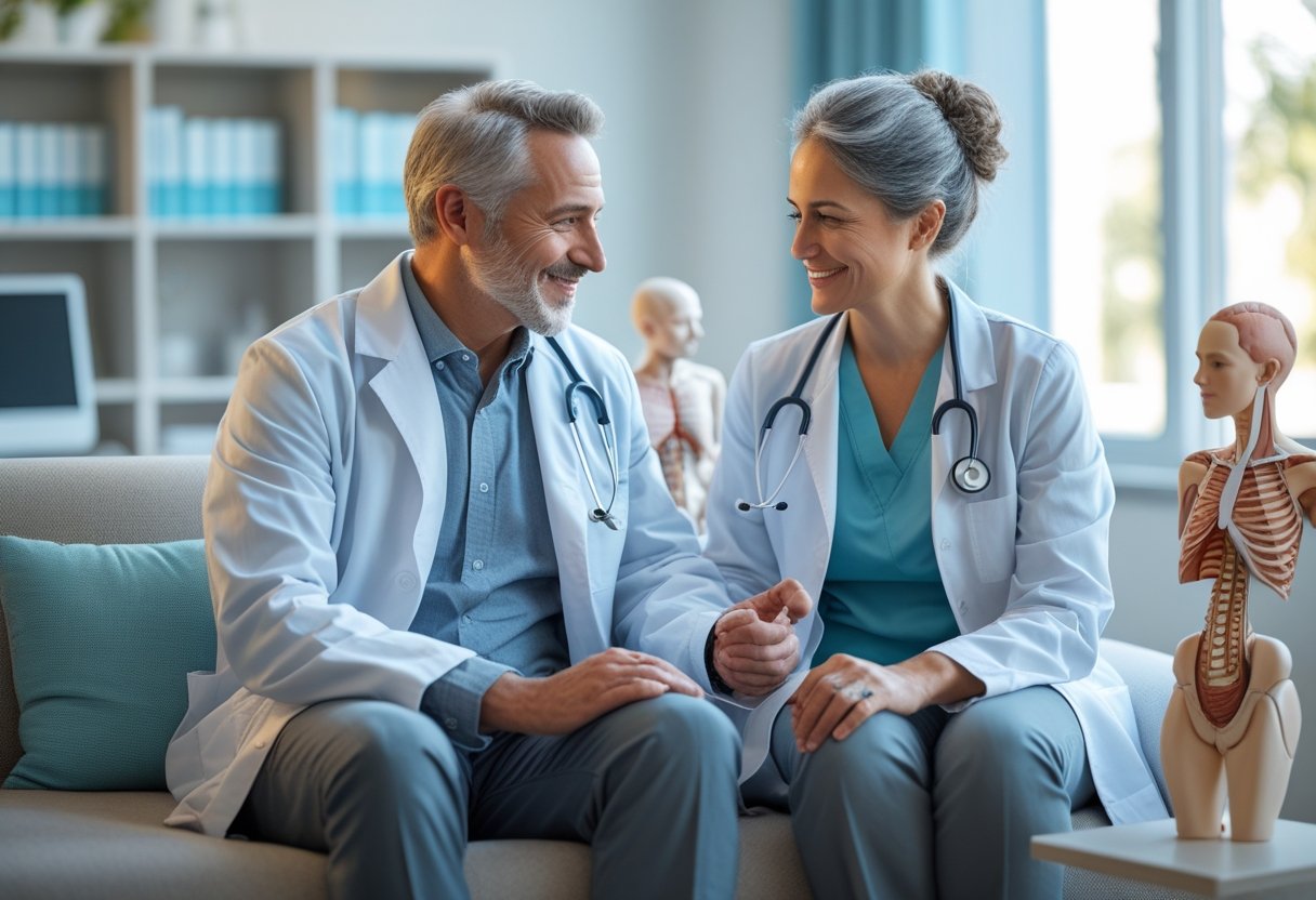 Ein Paar sitzt in einem Arztzimmer und spricht mit einem Arzt über Gesundheitsthemen.