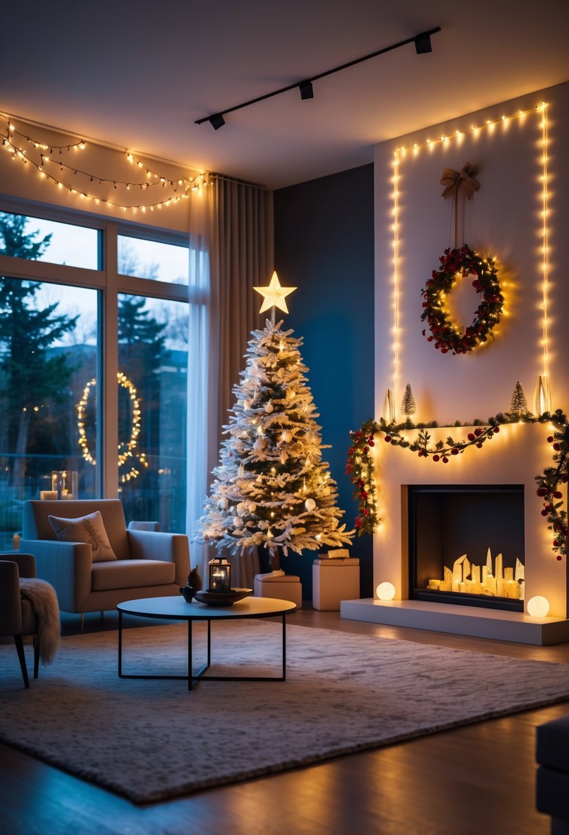 Christmas Lights Ideas 2025: 24 Creative Ways to Brighten Your Holiday Decor 2 A modern living room decorated with Christmas lights, including string lights around a window, a lit Christmas tree, and a fireplace mantle with twinkling lights and holiday garlands.