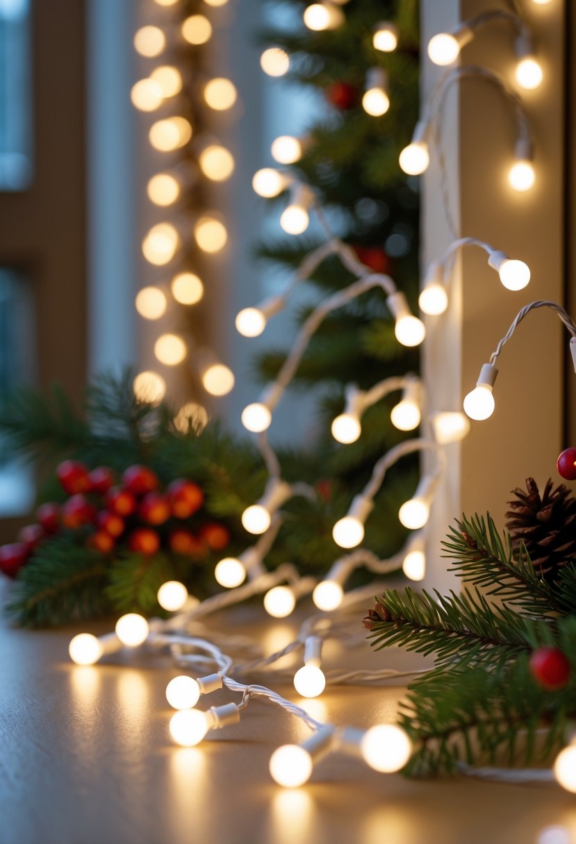 Christmas Lights Ideas 2025: 24 Creative Ways to Brighten Your Holiday Decor 3 White string Christmas lights glowing warmly draped among pine branches and festive decorations.