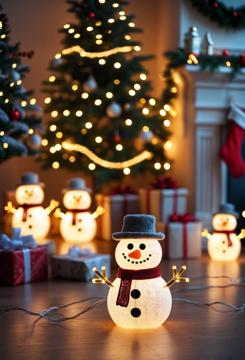 Christmas Lights Ideas 2025: 24 Creative Ways to Brighten Your Holiday Decor 6 Snowman-shaped string lights glowing warmly in a decorated living room with a Christmas tree, gifts, and festive decorations.