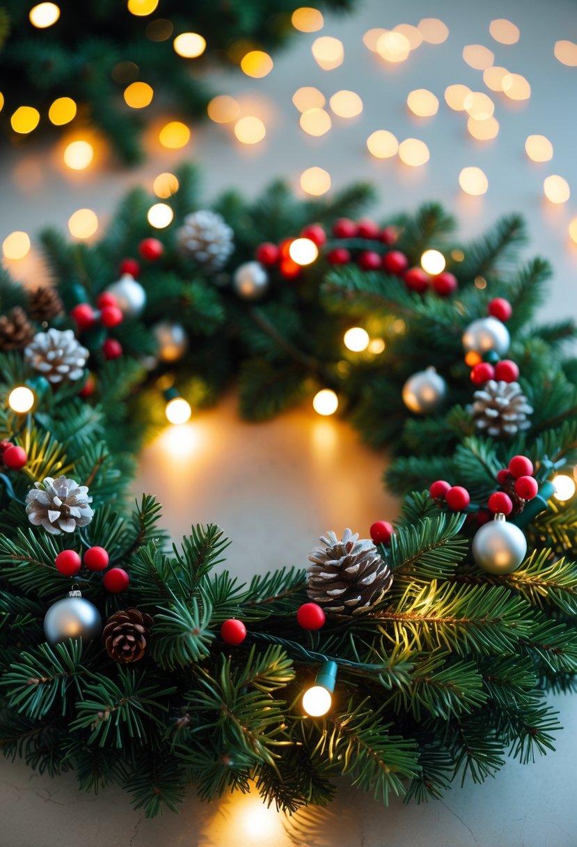 Christmas Lights Ideas 2025: 24 Creative Ways to Brighten Your Holiday Decor 7 A Christmas wreath decorated with pine branches, red berries, pine cones, silver ornaments, and warm white lights glowing softly.