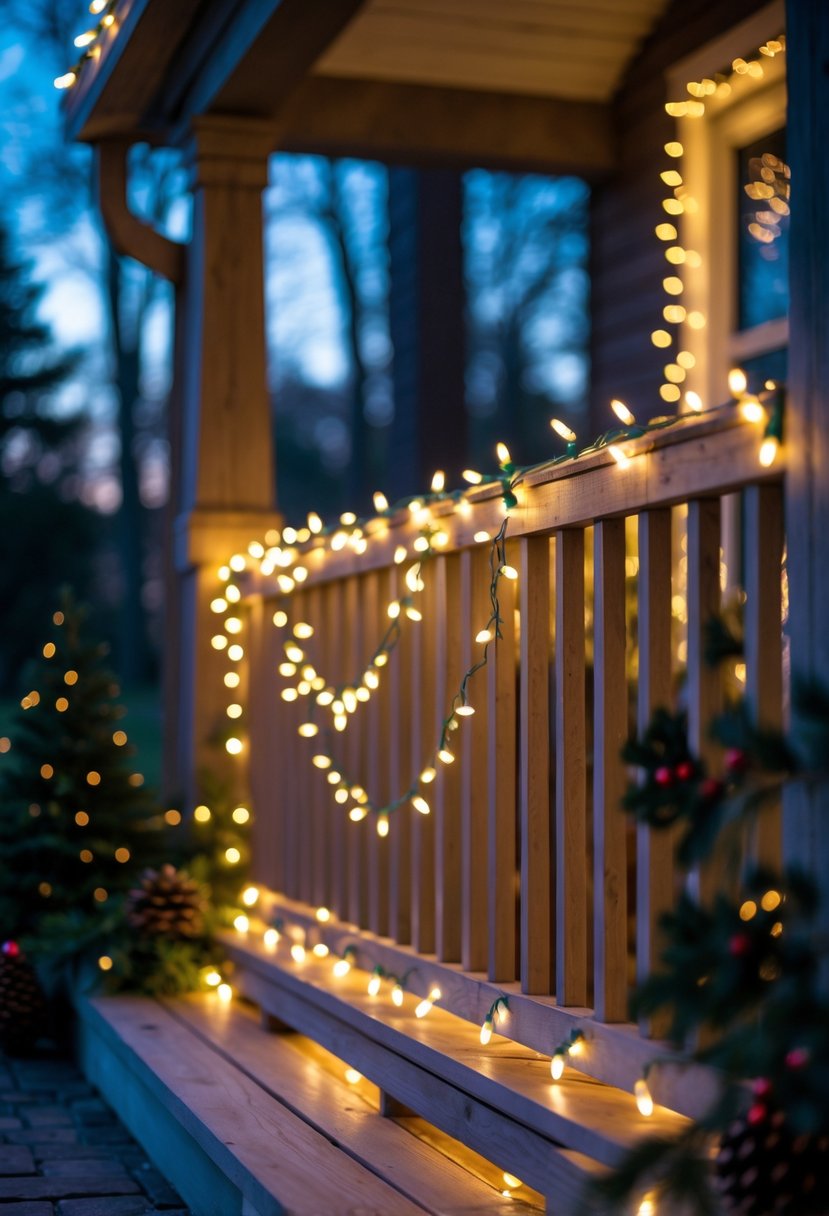 Christmas Lights Ideas 2025: 24 Creative Ways to Brighten Your Holiday Decor 8 Porch railing wrapped in warm white fairy lights glowing softly during twilight with subtle holiday decorations.