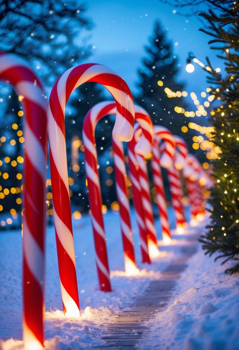 Christmas Lights Ideas 2025: 24 Creative Ways to Brighten Your Holiday Decor 9 A snowy pathway lined with red and white candy cane markers wrapped in Christmas lights, surrounded by decorated evergreen trees and softly falling snow.
