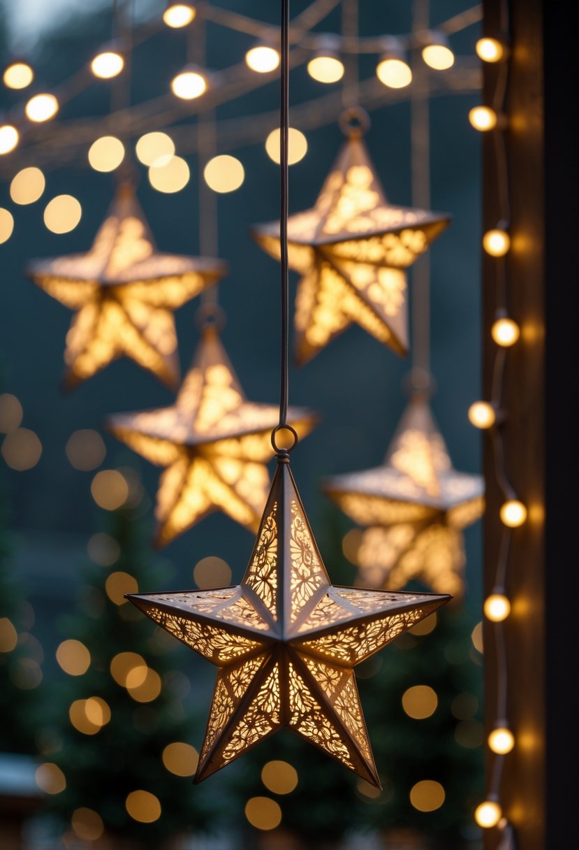 Christmas Lights Ideas 2025: 24 Creative Ways to Brighten Your Holiday Decor 10 Star-shaped hanging lanterns glowing with warm Christmas lights against a softly blurred background of festive lights.