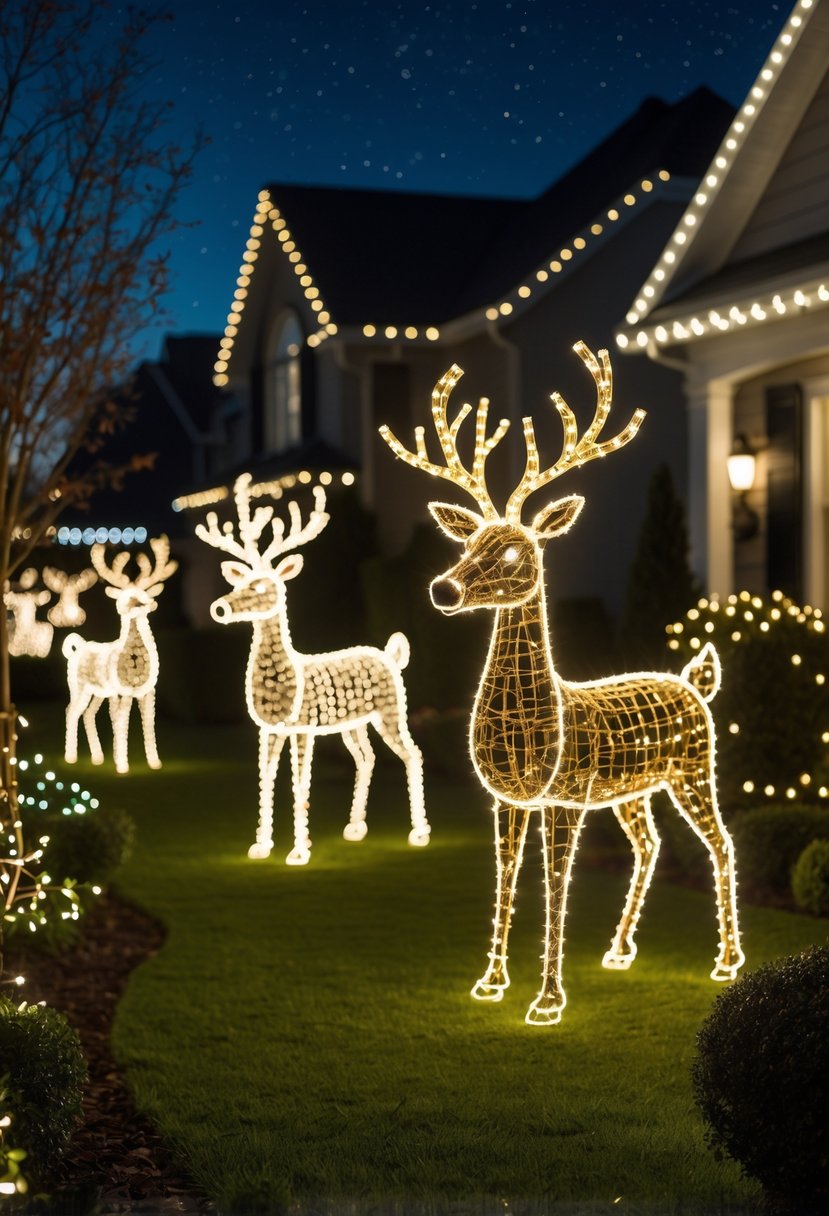 Christmas Lights Ideas 2025: 24 Creative Ways to Brighten Your Holiday Decor 11 A nighttime outdoor yard decorated with glowing reindeer figures made of Christmas lights surrounded by trees and bushes with holiday lights.