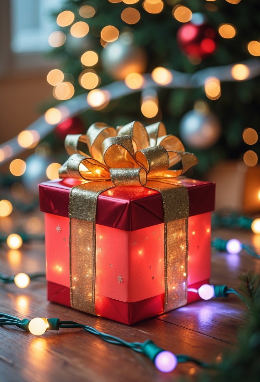 Christmas Lights Ideas 2025: 24 Creative Ways to Brighten Your Holiday Decor 12 A glowing red gift box with a gold ribbon surrounded by Christmas lights on a wooden surface.