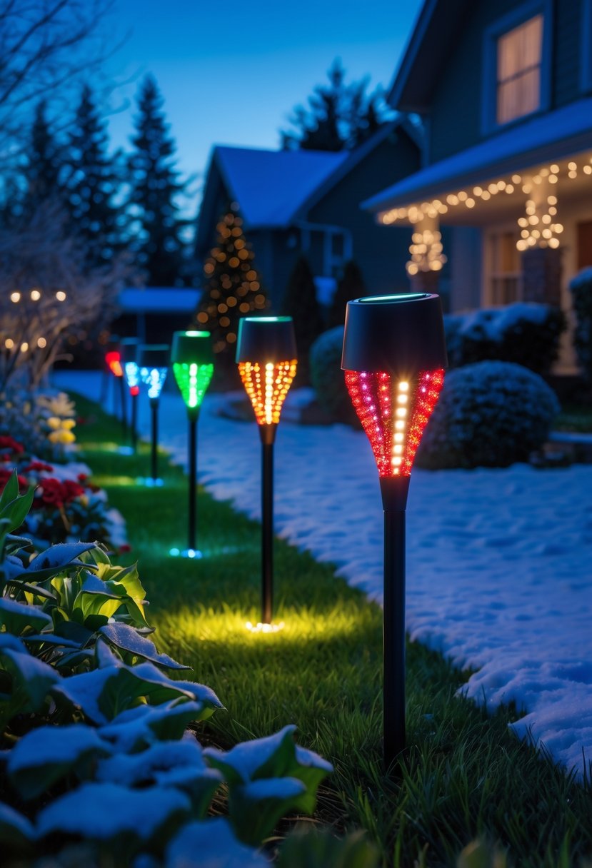 Christmas Lights Ideas 2025: 24 Creative Ways to Brighten Your Holiday Decor 13 A garden pathway at dusk lit by colorful solar-powered Christmas lights on stakes surrounded by green grass and winter plants with a snowy suburban home in the background.