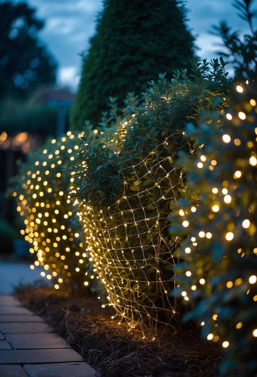 Christmas Lights Ideas 2025: 24 Creative Ways to Brighten Your Holiday Decor 14 Bushes covered in warm white net lights glowing softly in a garden at dusk.