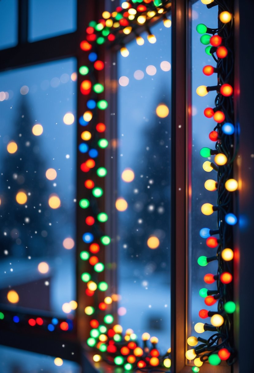 Christmas Lights Ideas 2025: 24 Creative Ways to Brighten Your Holiday Decor 15 A window frame outlined with colorful Christmas lights glowing at dusk with a snowy background.