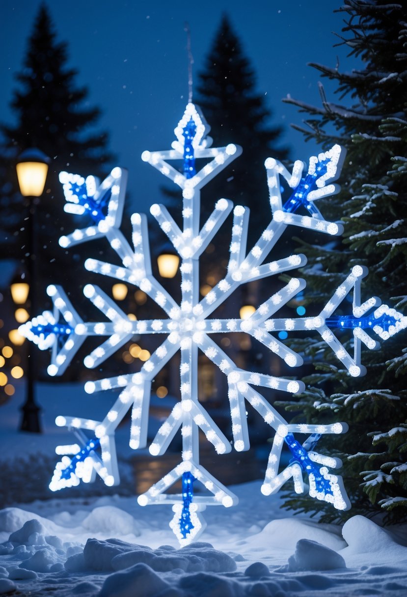 Christmas Lights Ideas 2025: 24 Creative Ways to Brighten Your Holiday Decor 16 Giant illuminated snowflake Christmas lights hanging among snow-covered trees during a winter evening.