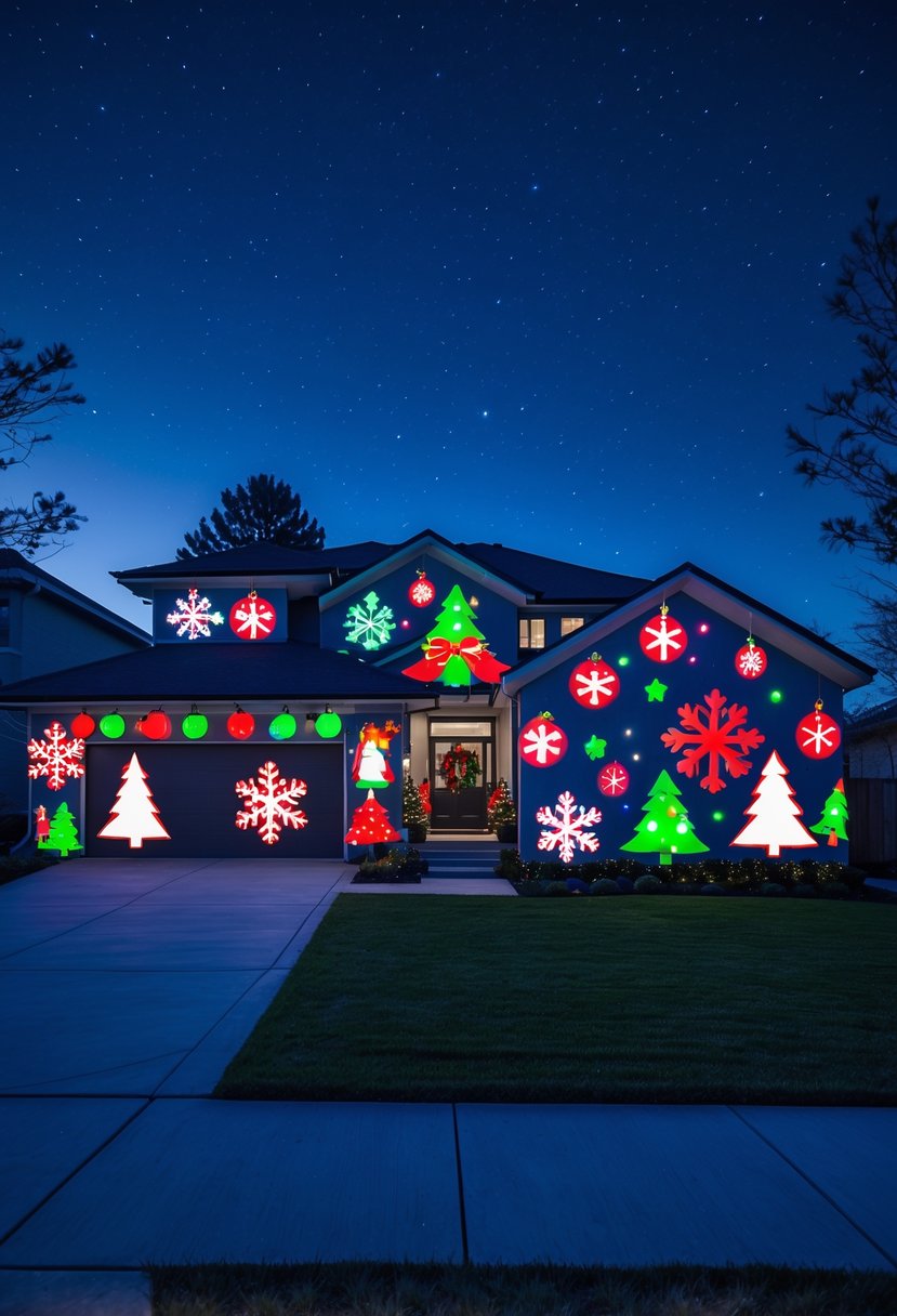 Christmas Lights Ideas 2025: 24 Creative Ways to Brighten Your Holiday Decor 17 A modern house at twilight with colorful Christmas light patterns projected onto its exterior, surrounded by holiday decorations.