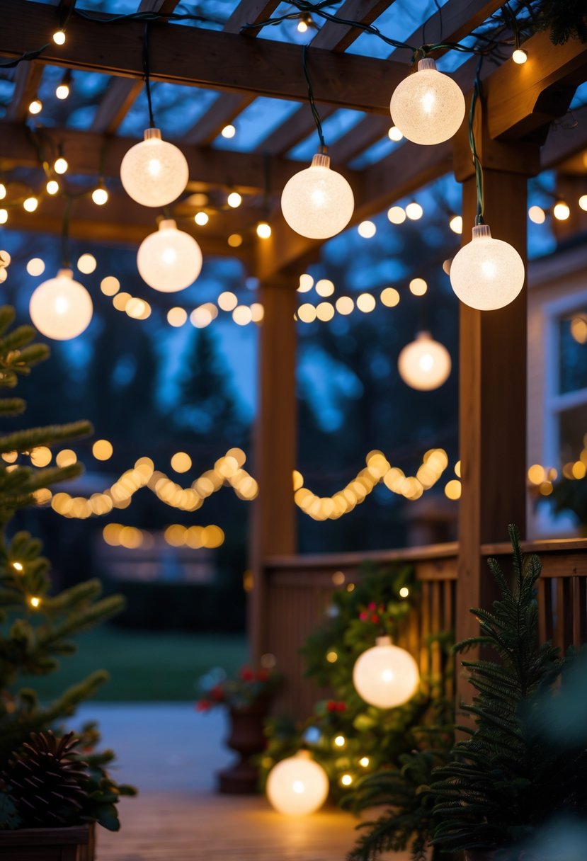 Christmas Lights Ideas 2025: 24 Creative Ways to Brighten Your Holiday Decor 18 Warm white globe string lights hanging outdoors over a wooden pergola surrounded by plants and holiday decorations at dusk.