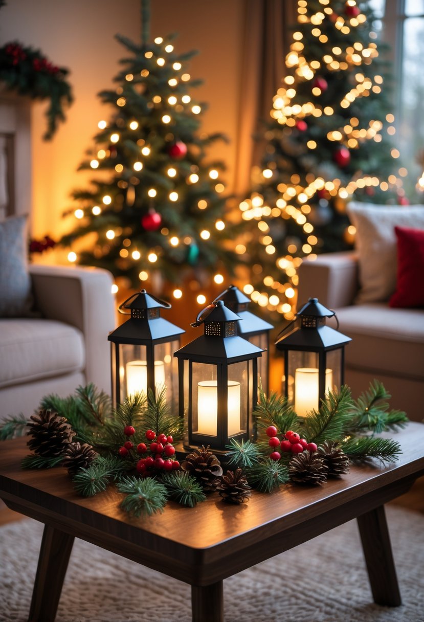 Christmas Lights Ideas 2025: 24 Creative Ways to Brighten Your Holiday Decor 19 A living room table decorated with glowing battery-operated lanterns and colorful Christmas string lights surrounded by pine branches and pinecones, with a decorated Christmas tree in the background.