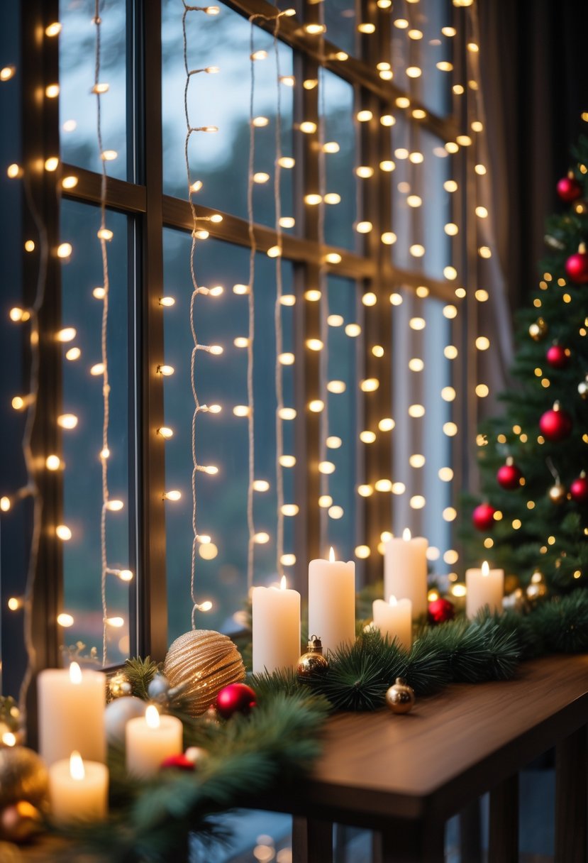 Christmas Lights Ideas 2025: 24 Creative Ways to Brighten Your Holiday Decor 20 A window decorated with warm white LED curtain lights and Christmas ornaments, creating a cozy holiday atmosphere.