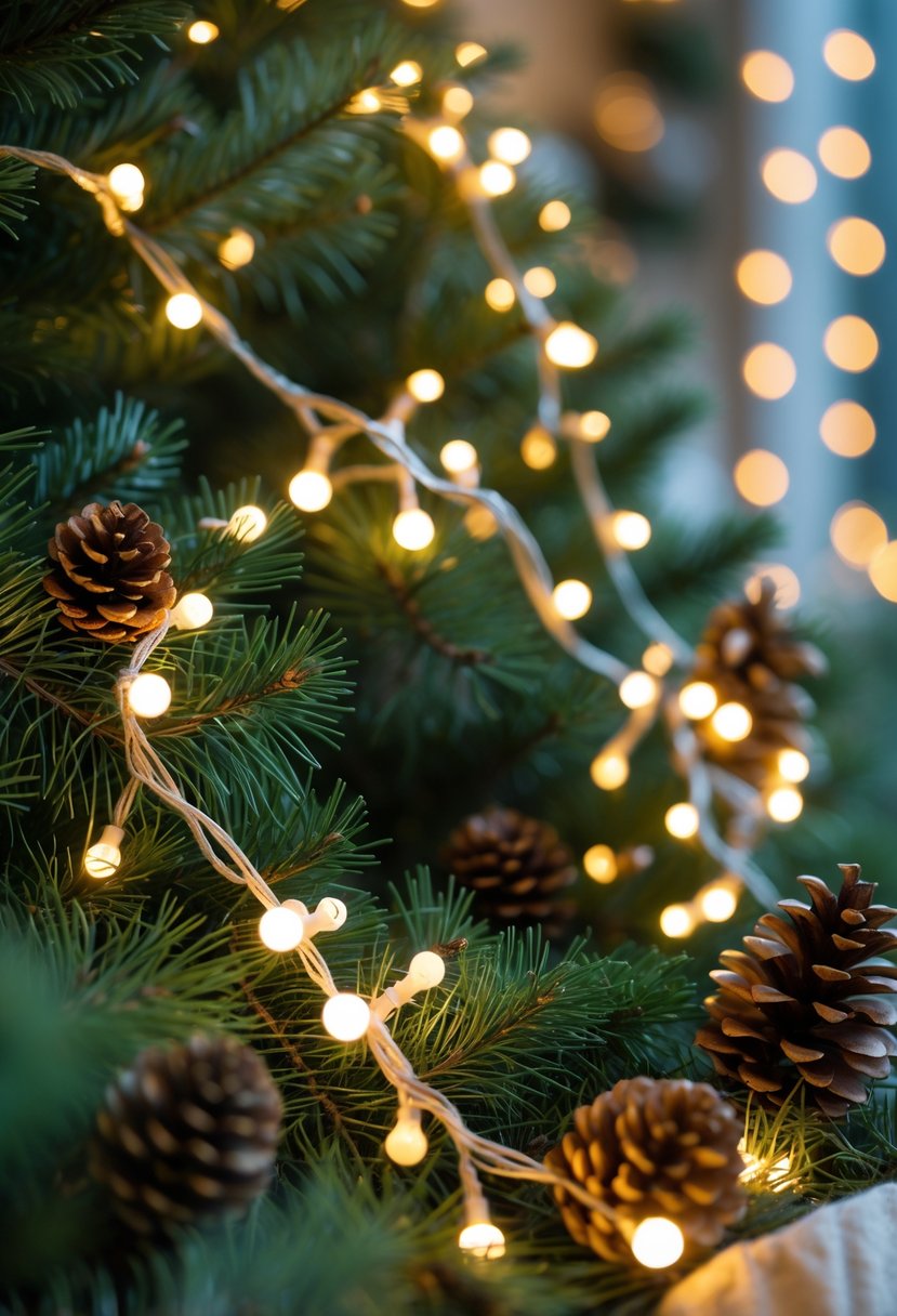 Christmas Lights Ideas 2025: 24 Creative Ways to Brighten Your Holiday Decor 21 Close-up of Christmas light garlands decorated with pinecones and warm white fairy lights on green pine branches.