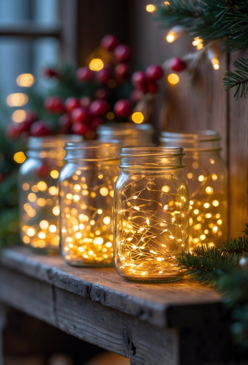 Christmas Lights Ideas 2025: 24 Creative Ways to Brighten Your Holiday Decor 22 Glass jars filled with twinkling fairy lights glowing warmly on a wooden surface with Christmas decorations in the background.
