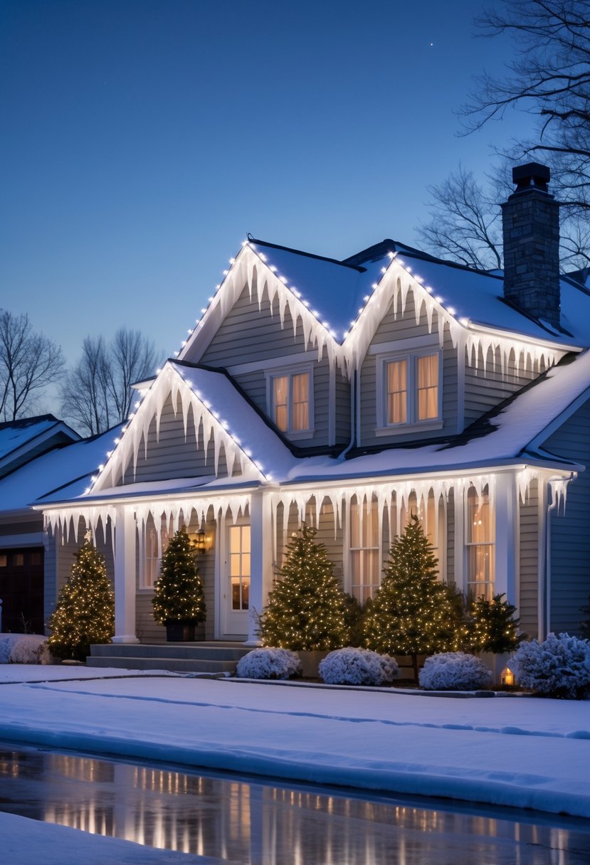 Christmas Lights Ideas 2025: 24 Creative Ways to Brighten Your Holiday Decor 23 House roofline decorated with glowing white and blue icicle Christmas lights on a snowy winter evening.