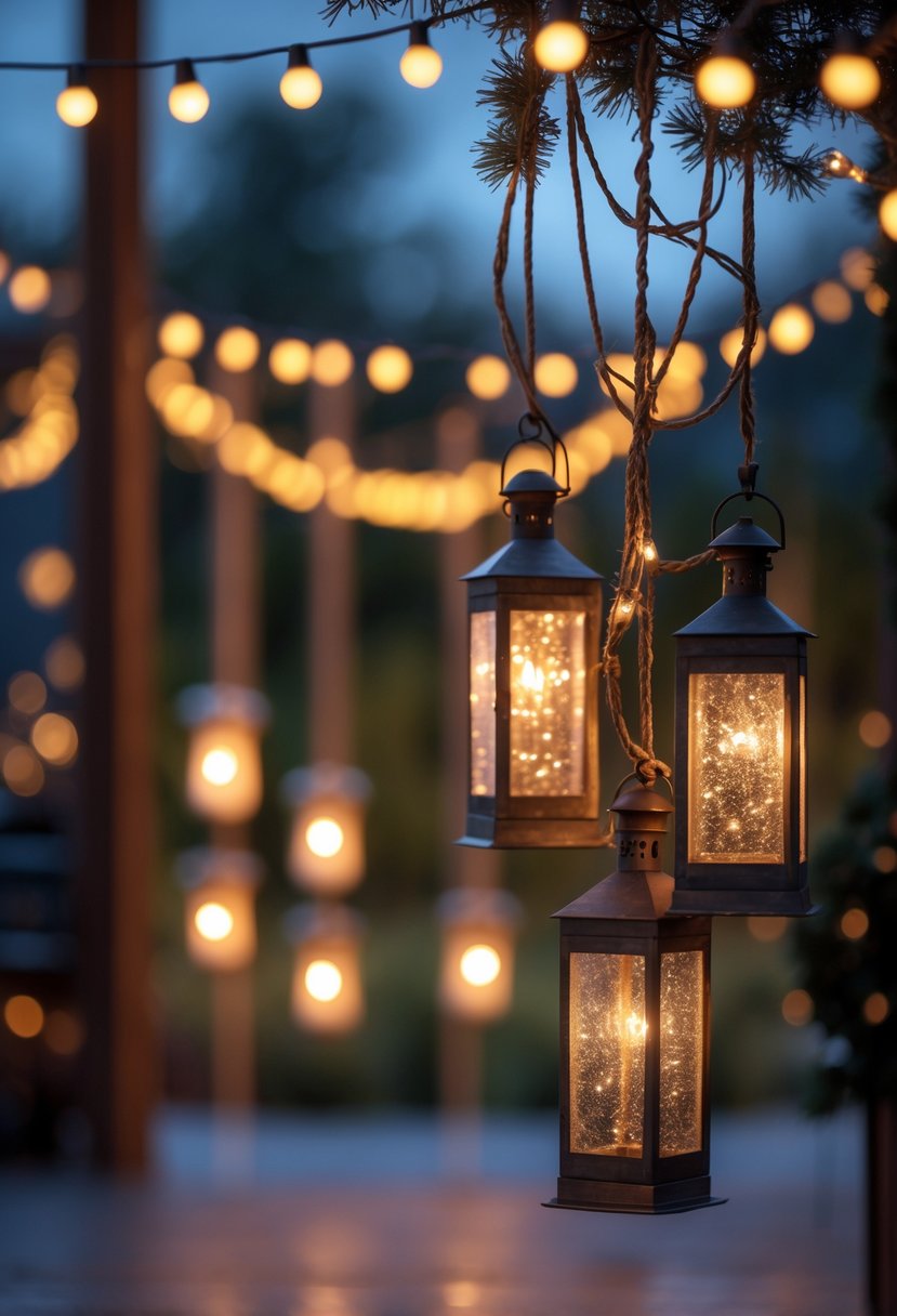 Christmas Lights Ideas 2025: 24 Creative Ways to Brighten Your Holiday Decor 25 Clusters of hanging lanterns decorated with glowing Christmas lights against a softly blurred evening background.