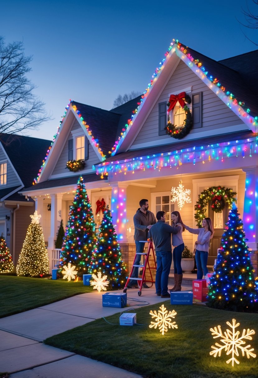 Christmas Lights Ideas 2025: 24 Creative Ways to Brighten Your Holiday Decor 26 A family decorating the outside of a suburban house with colorful Christmas lights during twilight.