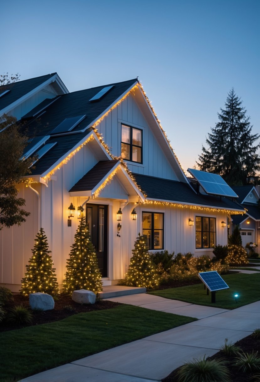 Christmas Lights Ideas 2025: 24 Creative Ways to Brighten Your Holiday Decor 27 A modern home decorated with warm, eco-friendly Christmas lights at dusk, featuring solar panels and greenery in the yard.
