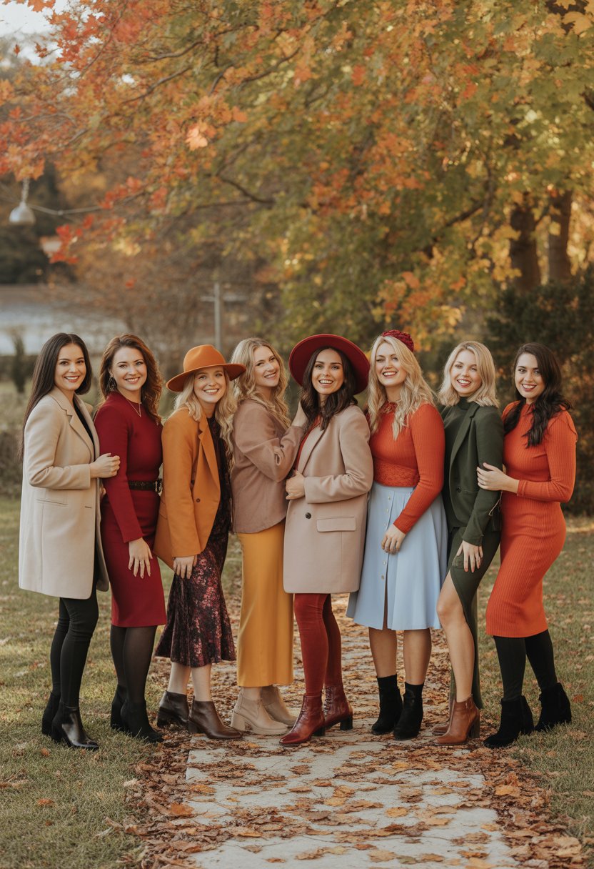 Ten women standing outdoors among colorful autumn trees, wearing a variety of fall outfits suitable for a wedding.