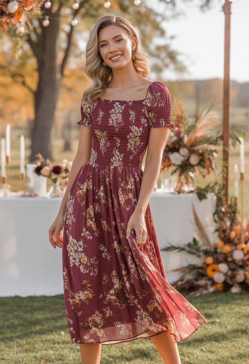 A woman standing outdoors wearing a burgundy floral midi dress with a smocked bodice, surrounded by autumn foliage and wedding decorations.