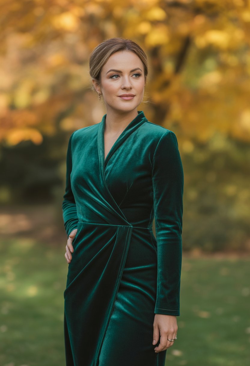 A woman outdoors wearing an emerald green velvet wrap dress surrounded by autumn foliage.