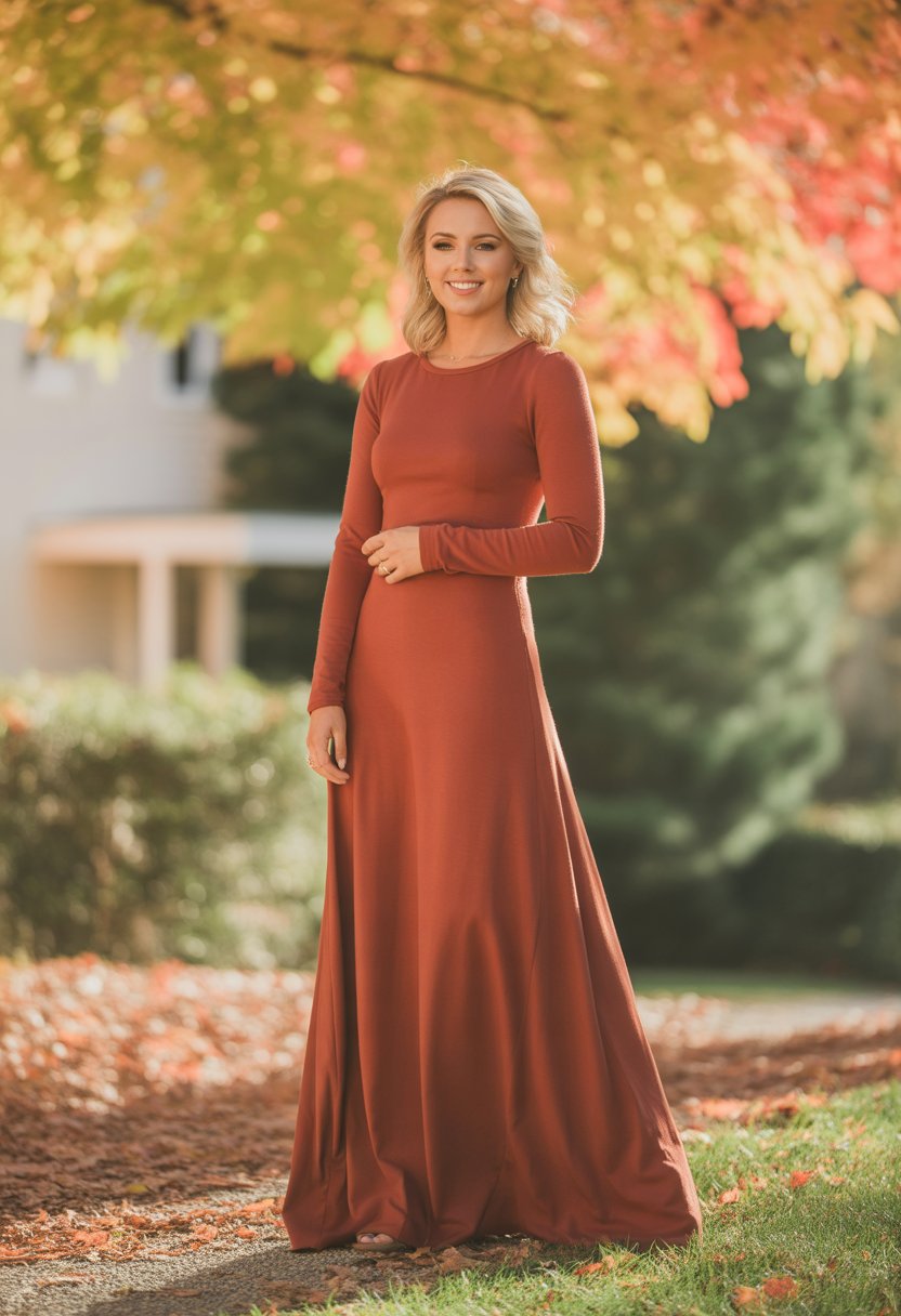 A woman in a rust-colored long-sleeve maxi dress standing outdoors on a leaf-covered path with autumn trees in the background.