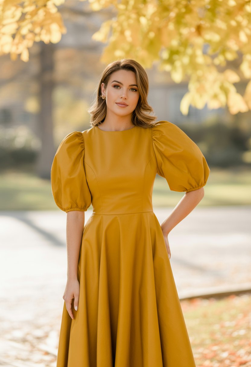 A woman standing outdoors wearing a mustard yellow midi dress with puff sleeves surrounded by autumn leaves.