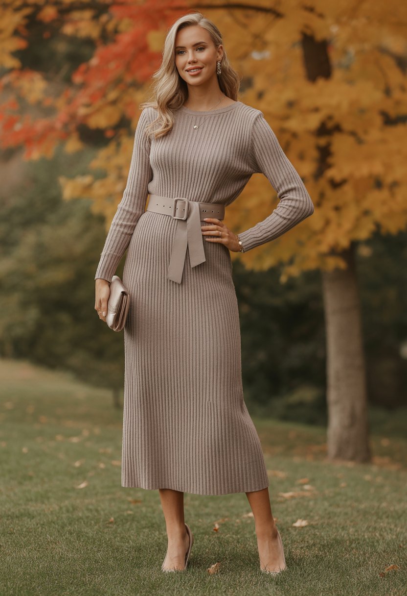 A woman standing outdoors in fall foliage wearing a taupe knit sweater dress with a belt.