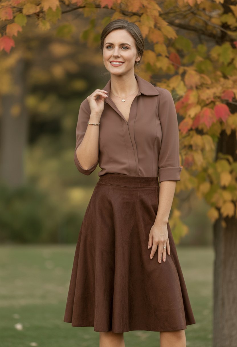 A woman standing outdoors in autumn wearing a brown skirt and fitted blouse with fall leaves in the background.